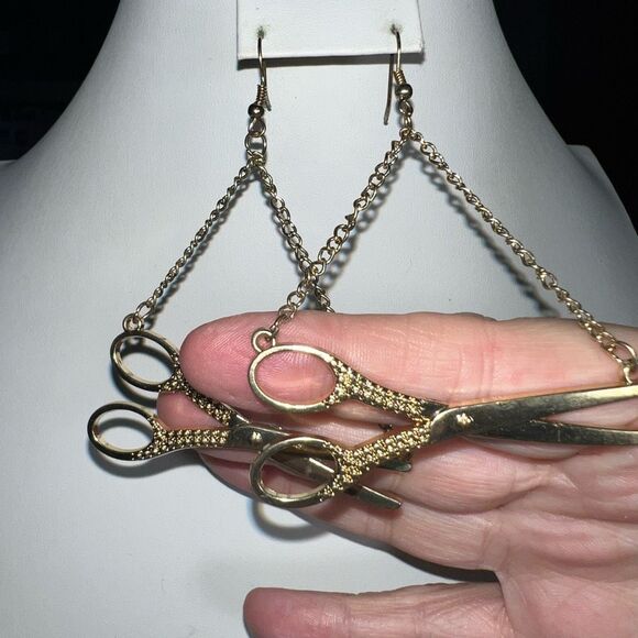 Gold Tone Fun and Funky Scissor Hanging Earrings - Picture 4 of 6